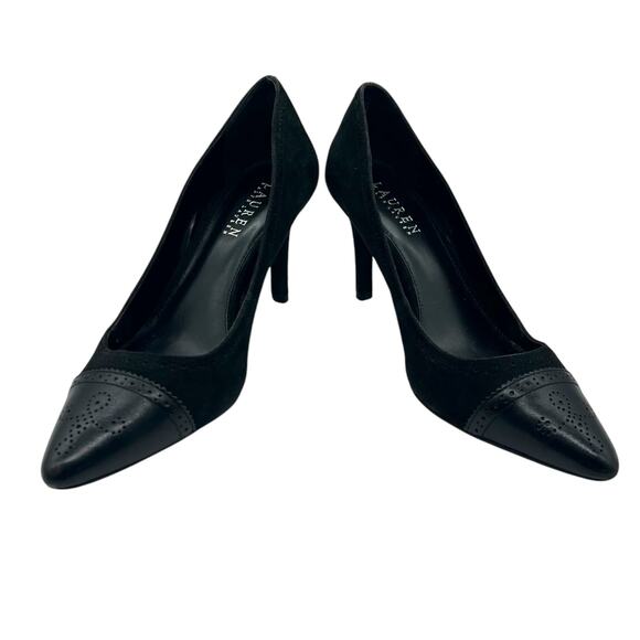 Lauren Ralph Lauren Pumps Black Suede Leather Wingtip Stiletto - Picture 7 of 9
